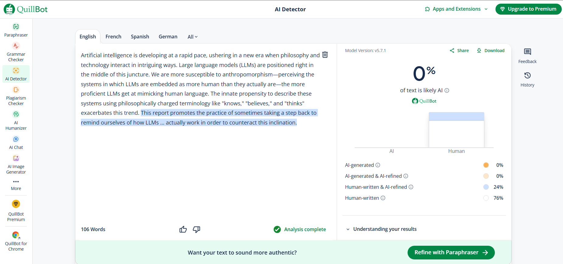 QuillBot's AI detector result for QuillBot's own Tier 1 output, scoring 100% human.