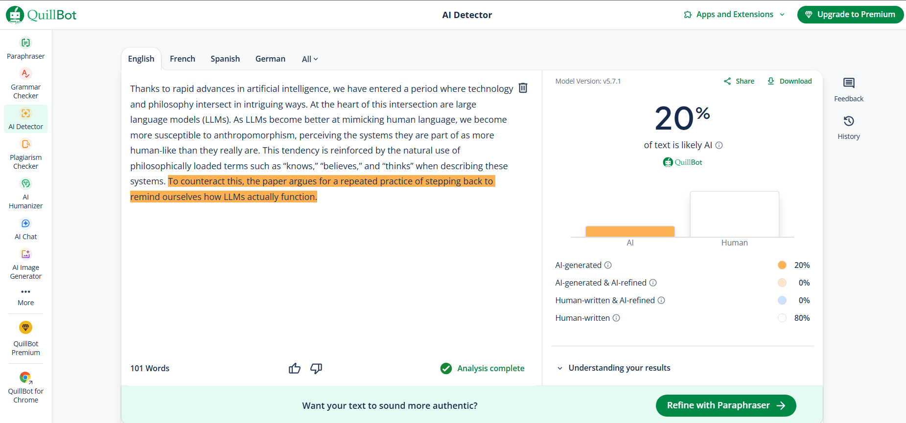 QuillBot's AI detector result for VerbEdit's Tier 1 output, showing a 20% AI score (80% human).