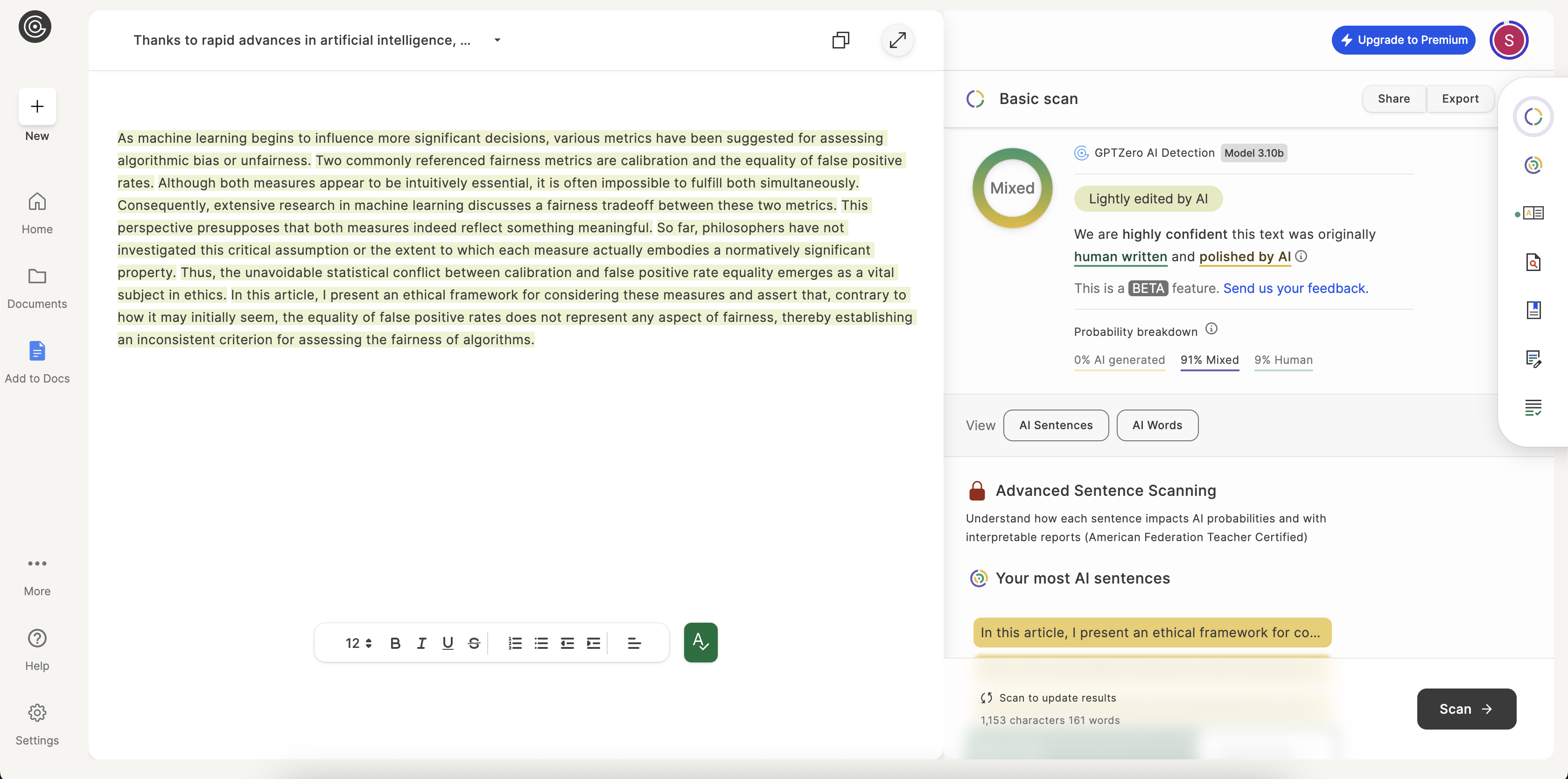 GPTZero AI detection score for Grammarly's Tier 2 output, showing 91% AI polished.