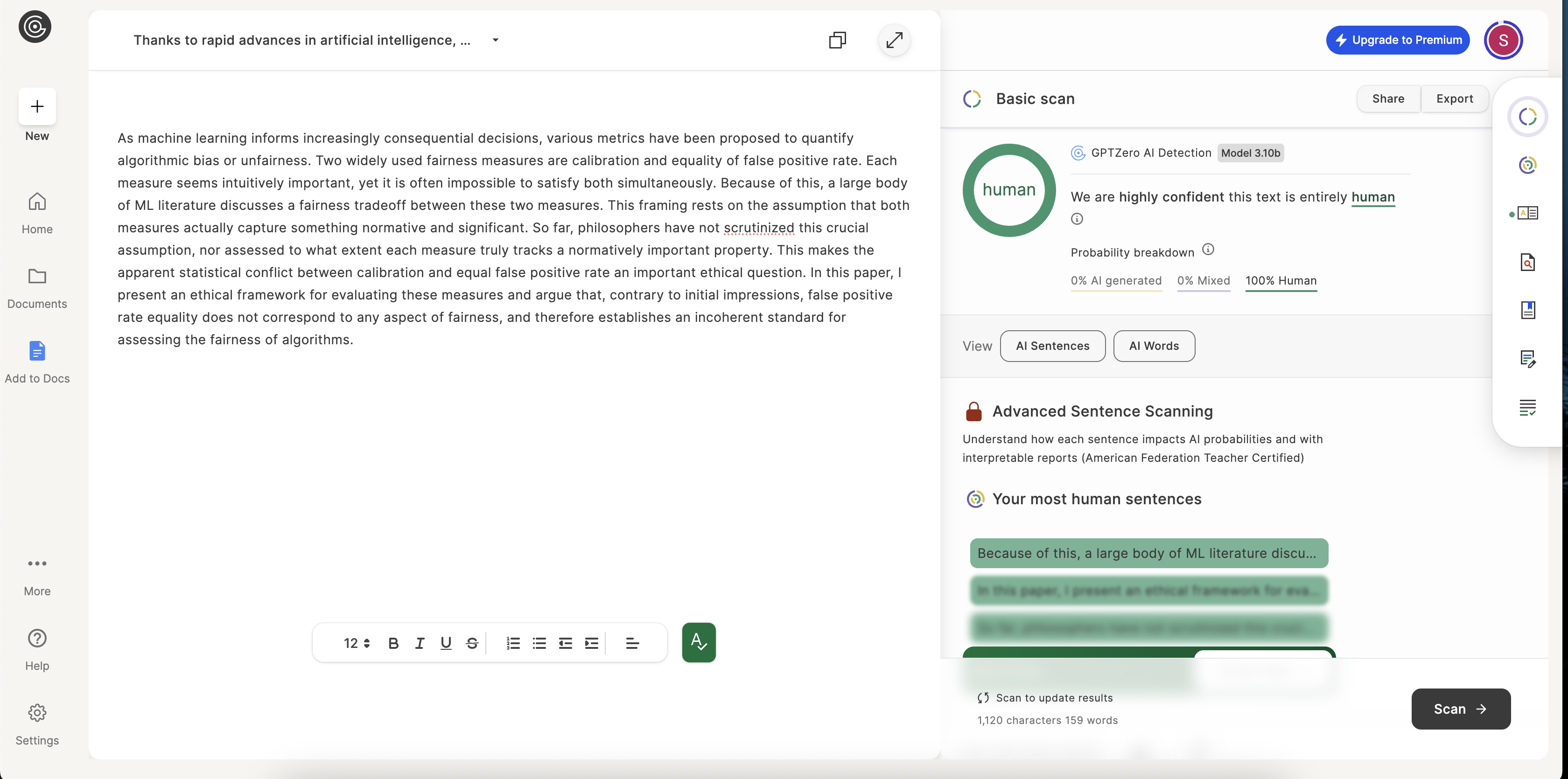 GPTZero AI detection score for VerbEdit's Tier 2 output, showing 100% human.