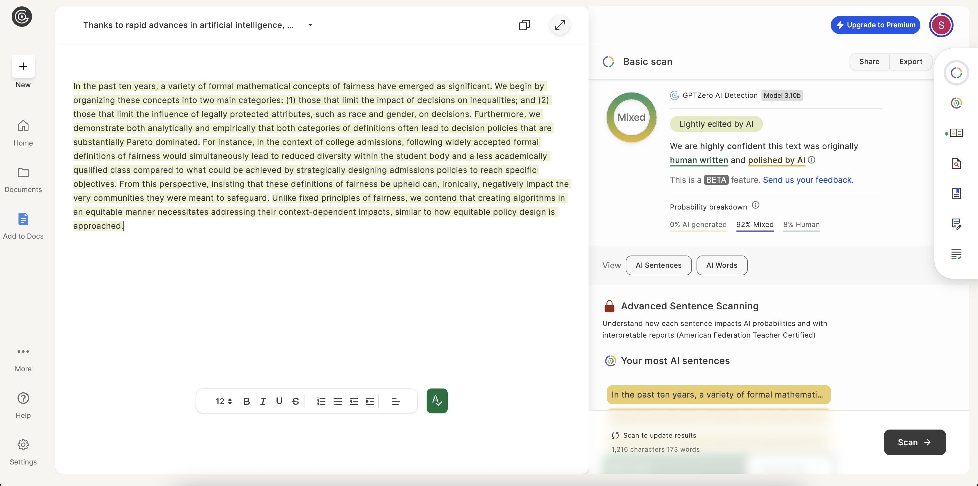 GPTZero AI detection score for Grammarly's Tier 3 output, showing 92% AI refined.