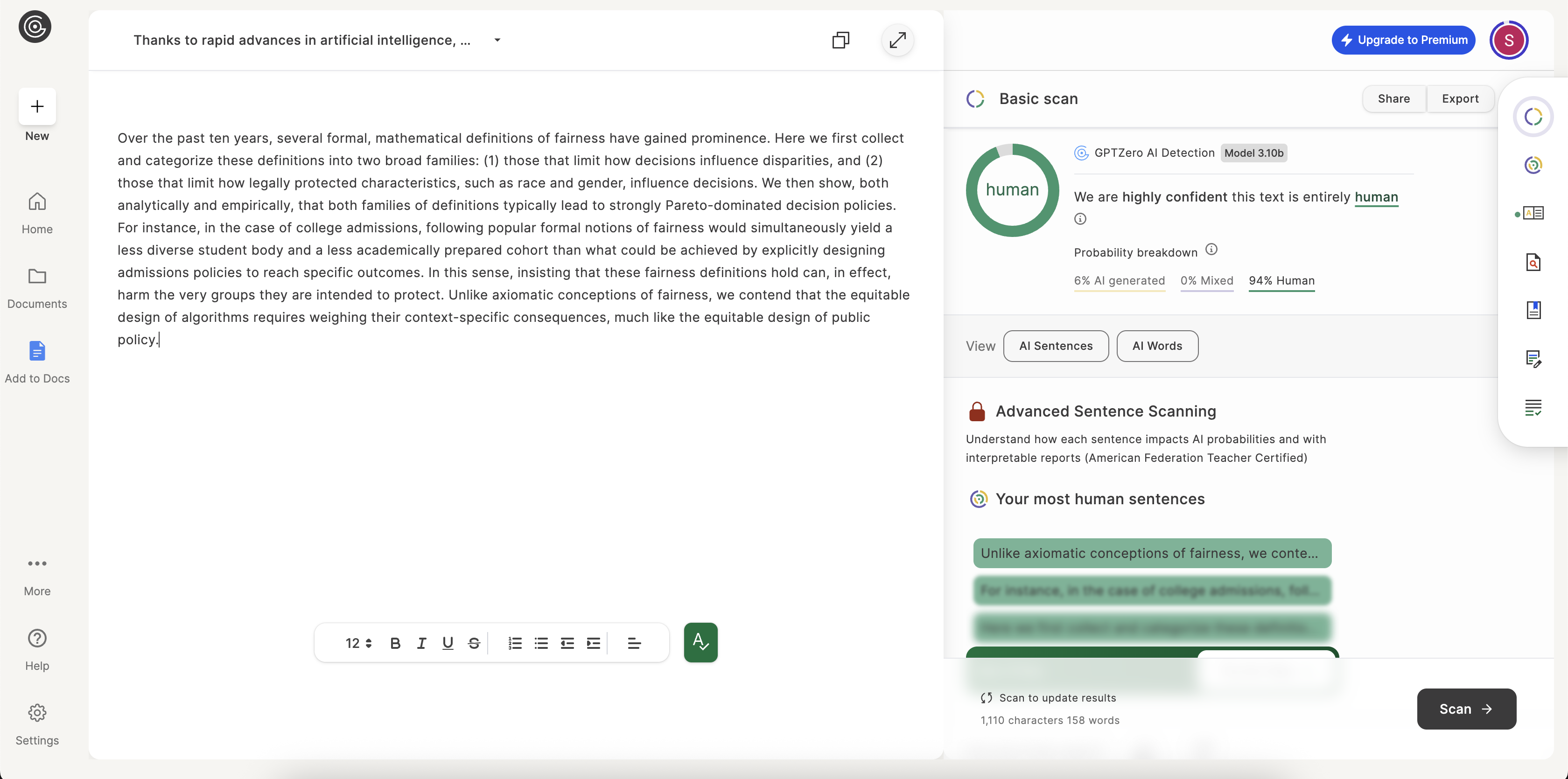 GPTZero AI detection score for VerbEdit's Tier 3 output, showing only 6% AI-generated.